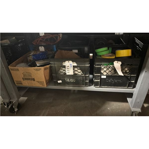 SHELF OF ASSORTED PRODUCTION TAPE, HARDWARE, TOOLS & MISCELLANEOUS ITEMS