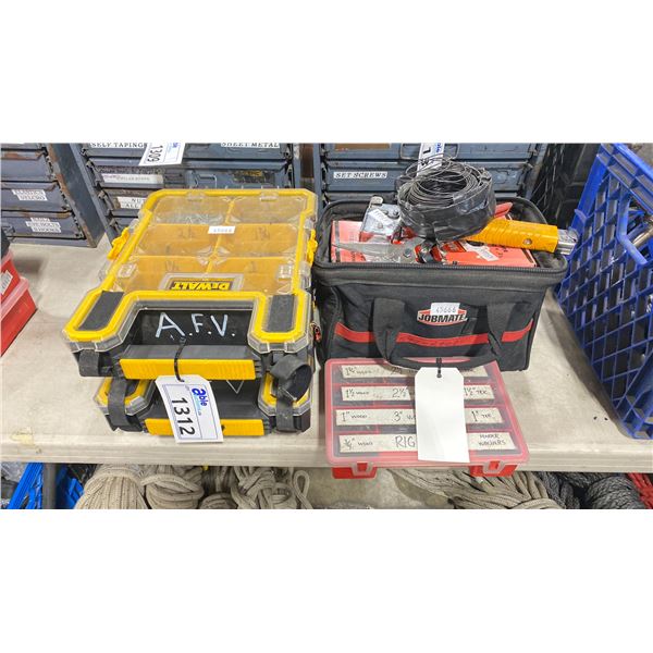 3 PLASTIC COMMERCIAL PRODUCTION HARDWARE SORTERS WITH ASSORTED GRIP HARDWARE & BAG OF GRIP TOOLS