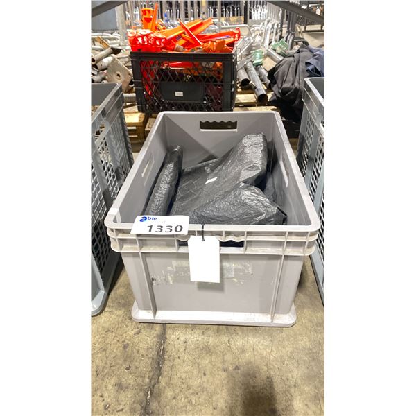 PLASTIC CRATE OF ASSORTED RIGGING TARPS *BIN INCLUDED*