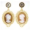 Vintage 14k Gold Carved Shell Cameo w/ Open Filigree Frame Drop Dangle Earrings