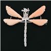 Image 2 : Vintage 18K White Gold Custom Cut Coral & 0.25 ctw Diamond Dragonfly Pin Brooch