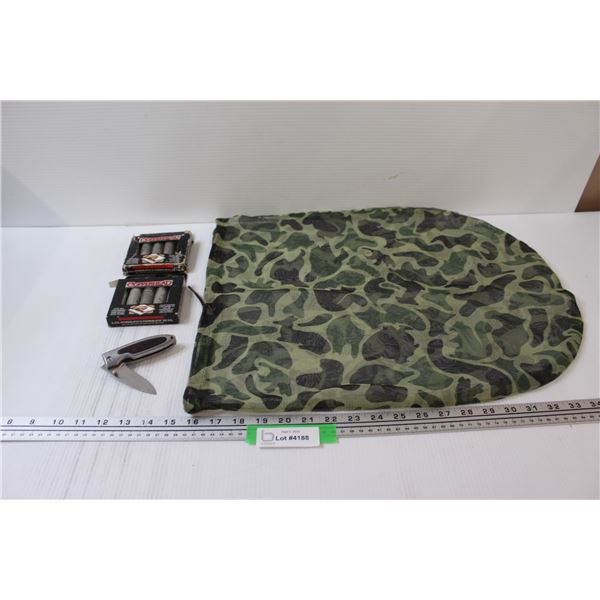 (9) CO2 Cartridges (New in Box), Camouflage Hunting Storage Bag, Folding Knife