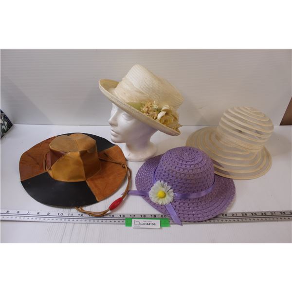 (4) Hats: Leather Outback Hat, Vintage Flower Hat, Purple Kids Garden Hat, Sun Hat