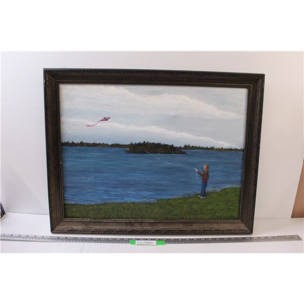 Painting of Girl Flying a Kite in Wood Frame - 21.5" x 27"