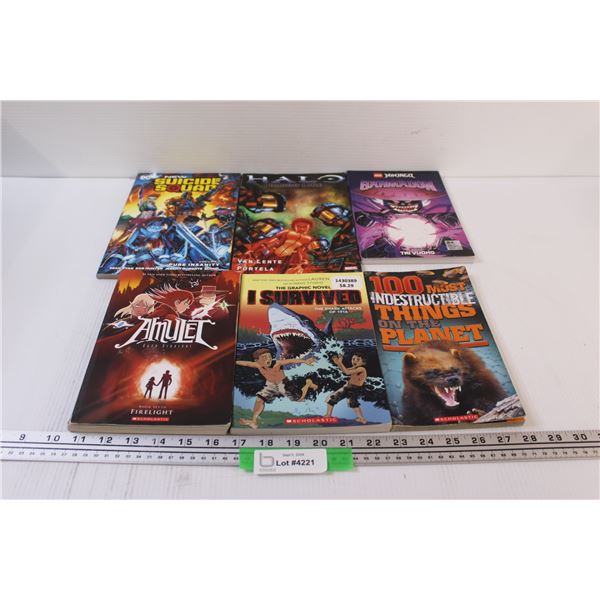 (6) Kids Graphic Novels: Amulet, Halo, Suicide Squad, Misc.
