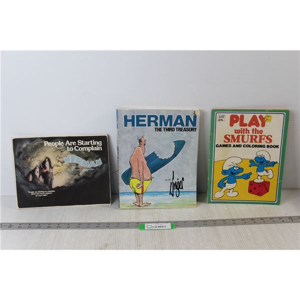 (2) Herman Jim Unger Comics, Smurfs Games and Colouring Books