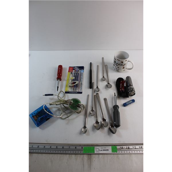 (2) Multi Tools, Dessert Spoons Set, Mug, Automatic Pencils and Assorted Items