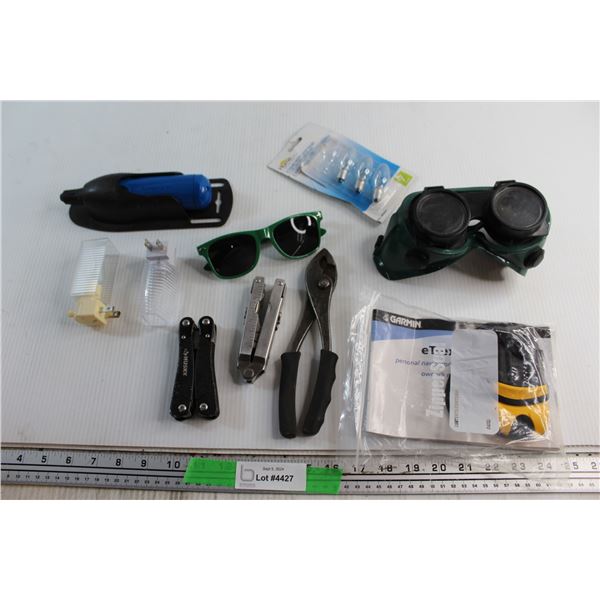 (2) Multi Tools, Pliers, Welders Goggles, Garmin Navigator, Benchmark Retract-A-Bit and Assorted Ite