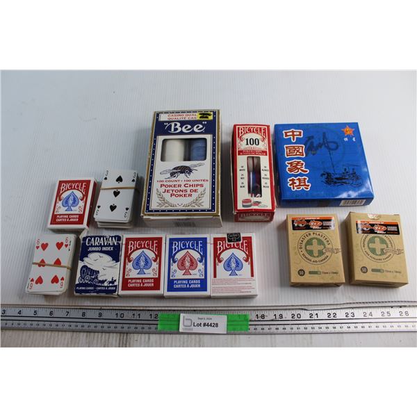 (2) Disaster Plasters, (7) Assorted Playing Cards Sets, (2) Poker Chip Sets and Chinese Chess Set