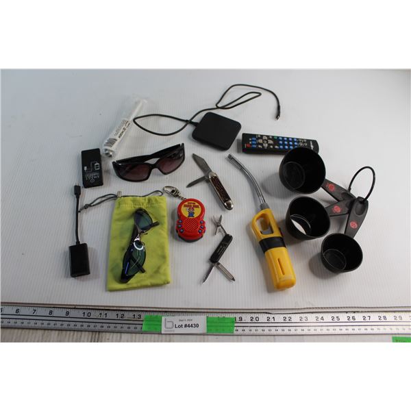 Measuring Spoons Set, (2) Multi Tools, Stove Lighter, (2) Assorted Sunglasses and Assorted Items