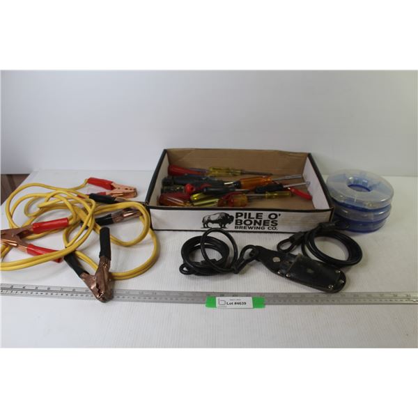 (2) Bike Lock Cables - (2) Screw Organizers - Booster Cables - Assorted Screw Drivers - Tool Holder