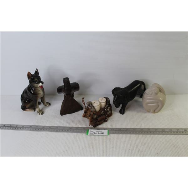 (2) Iron Wood Carvings - Ceramic Dog - Stone Type Carving - Saddle Salt & Pepper Shakers