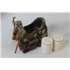 Image 4 : (2) Iron Wood Carvings - Ceramic Dog - Stone Type Carving - Saddle Salt & Pepper Shakers