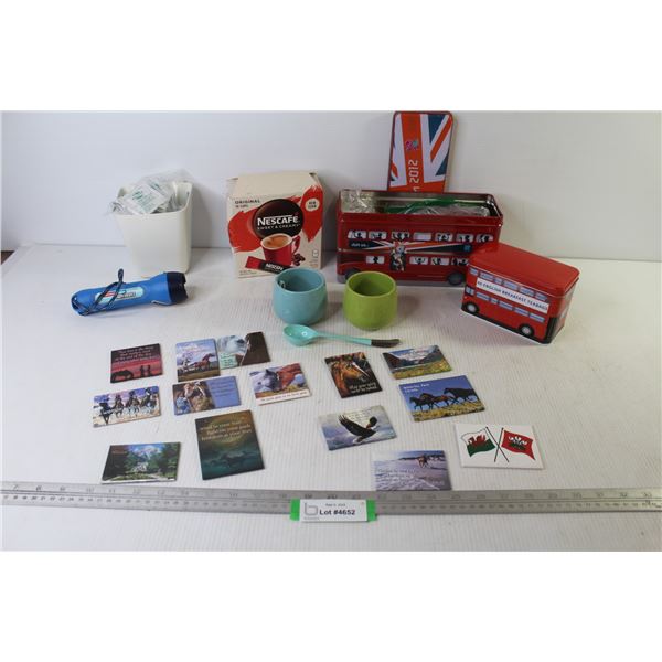 Nescafe Coffee - Tin Bus Container of Teas - Wet Naps - Assorted Horse Fridge Magnets - Flashlight -