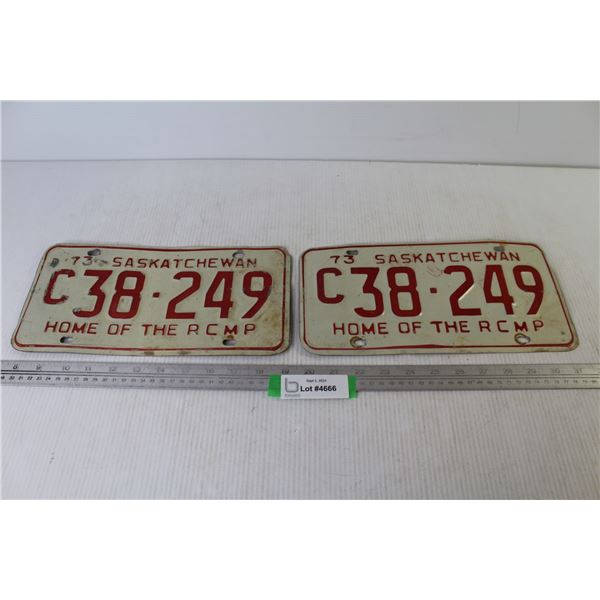 Pair of Red 1973 Saskatchewan License Plates