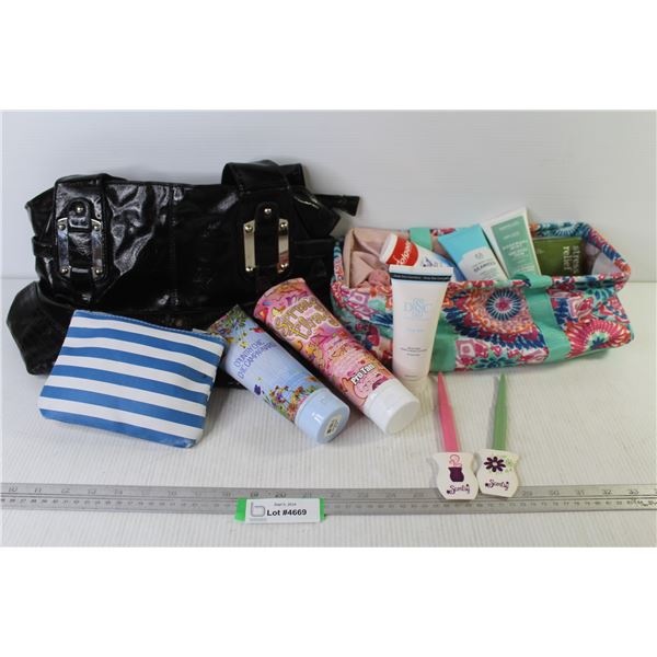 Black Purse - Cosmetic Bags - Moisturizing Creams - Tooth Pastes - Dark Tanning Lotion