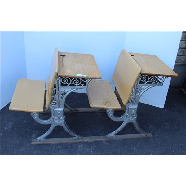 ** Antique Double Attached School Desk, Cast Iron Legs - 56" Long