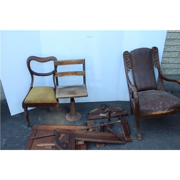 ** (3) Antique Chairs (Need Repairs) & Wooden Mirror Pieces & Wood Mouldings Parts - As Is