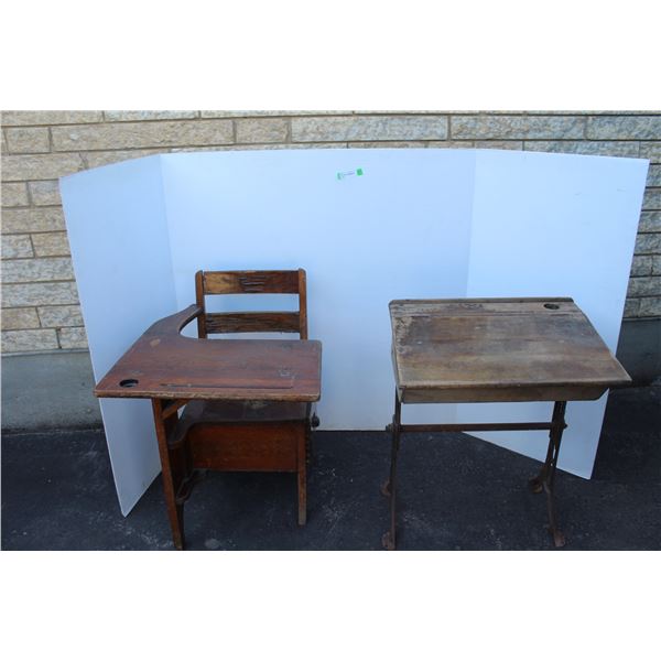 ** Antique Wooden School Desk (Some Wear) & Wooden School Desk Top w/Cast Iron Base