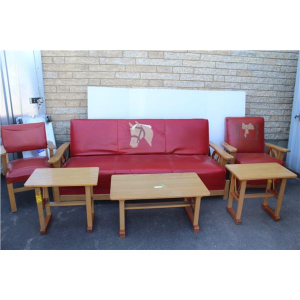 ** 6 Piece Set - Western Themed Red Upholstered Sofa & (2) Chairs (One Rocking), w/ (2) End Tables &