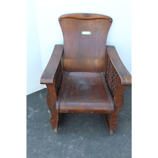 ** Antique Wooden Rocking Chair w/ Character Engraving - Some Damage on Back Leg