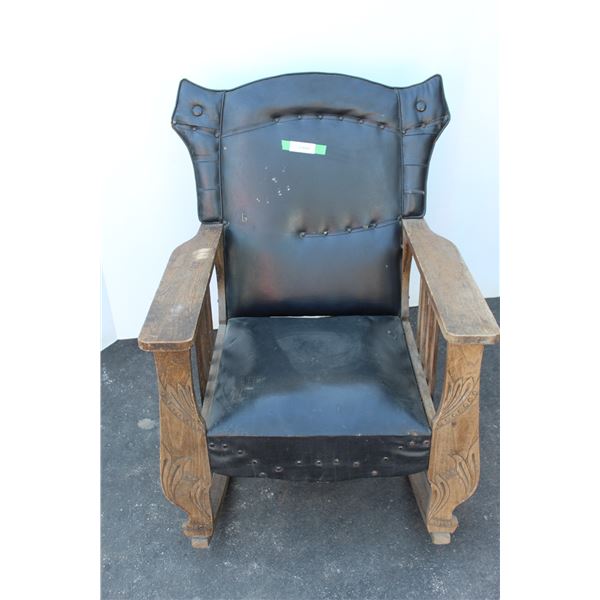 ** Antique Leather Upholstered Rocking Chair w/Character Engraving - Some Wear