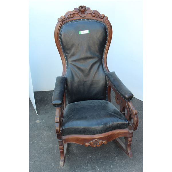** Antique Leather Upholstered Rocking Chair - Leg Damage as pictured