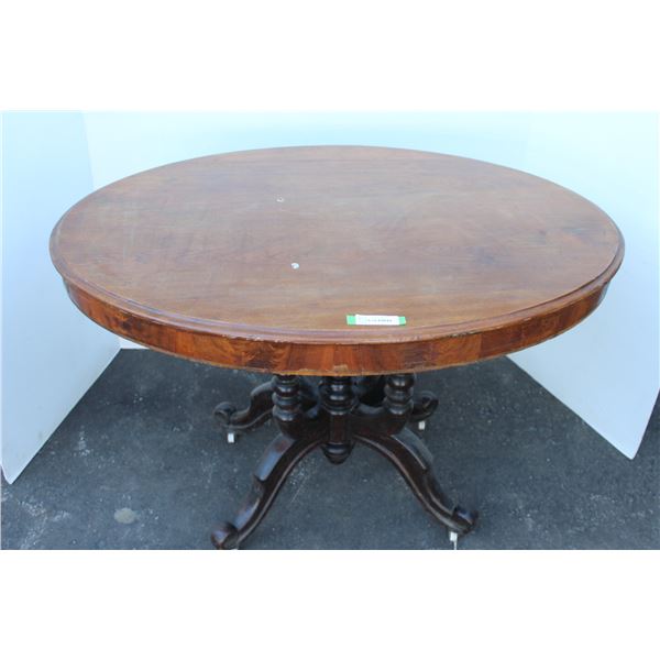 ** Antique Oval Wheeled Table (Top: Oak w/Burled Walnut Veneer Sides & Oak Base) - 44" x 32.5"x 29" 