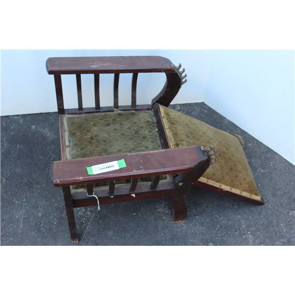 ** Antique Children's Upholstered Wooden Adjustable Chair - Missing Metal Adjustment Dowel
