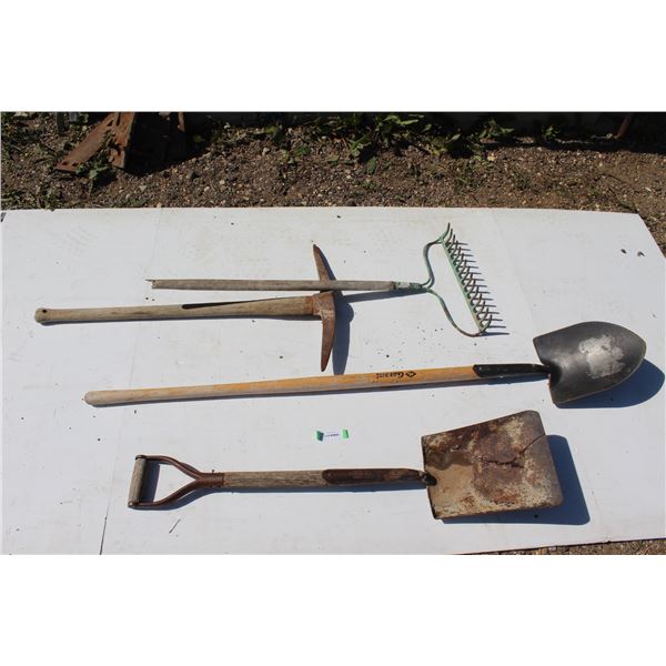 ** (2) Square Mouth Shovel, Rake, & Pick Axe