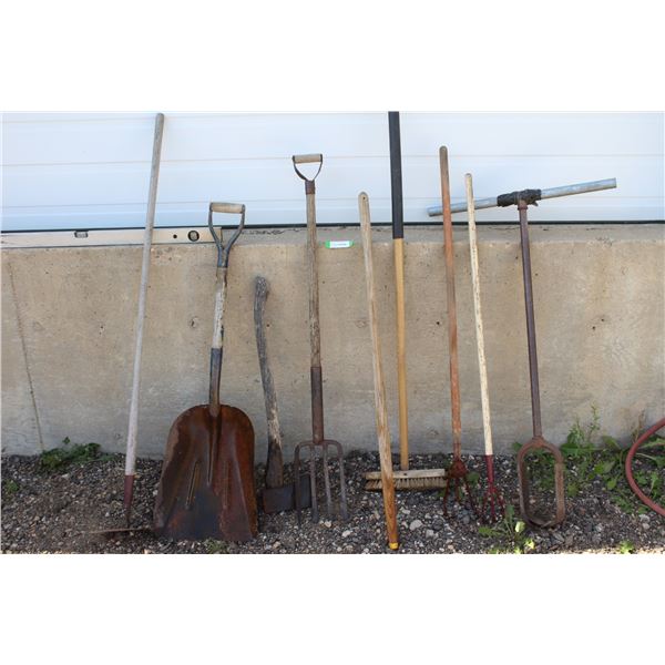 ** (8) Garden & Yard Tools: Post Hole Auger, Potato Fork, Hoe, Grain Shovel, Broom, (2) Cultivators