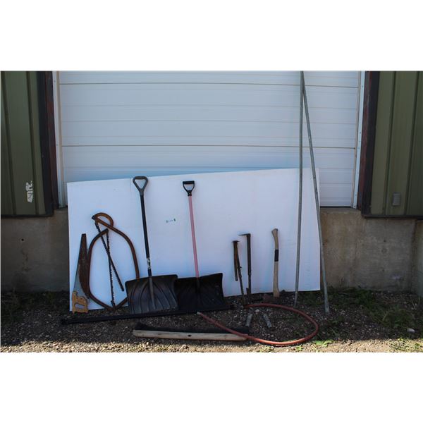 ** (2) Snow Shovels, Garden Hose, (3) Saws, Axe, Misc.