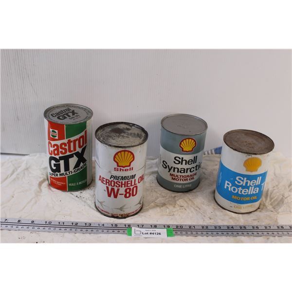 (4) Vintage Oil Cans - Castrol & Shell - Full Un-Opened