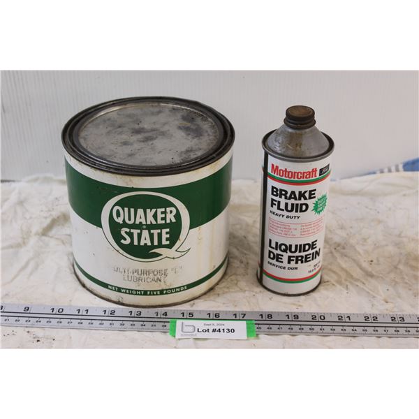 (2) Vintage Cans: Quaker State Sealed Lubricant & Motorcraft Brake Fluid - Has Contents