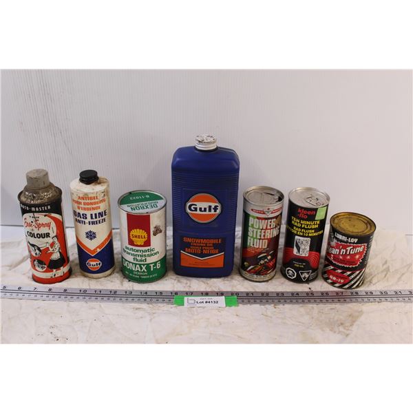(7) Vintage Vehicle Fluid Cans: Gulf, Motomaster, Kleen-Flo, Shell - Some Have Contents, Some Empty