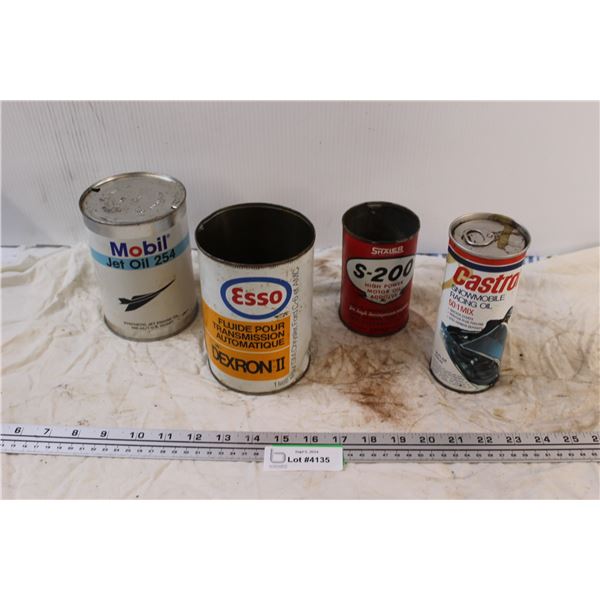 (4) Vintage Oil Cans: Mobil, Esso, Castrol - (3) Empty, (1) Full