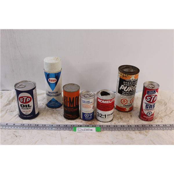 (7) Vintage Vehicle Fluid Cans: STP, Esso, HomeLite, Moto-Master - Some Full, Some Empty