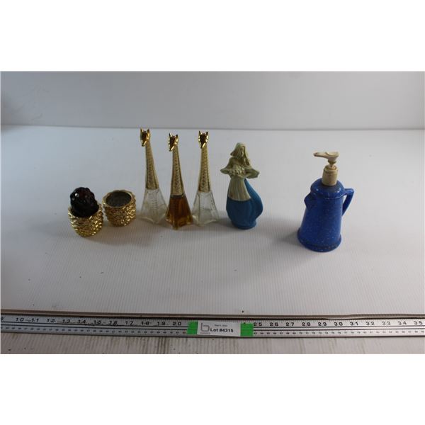 (2) Candle Holders, (4) Avon Perfume Bottles and Soap Pump