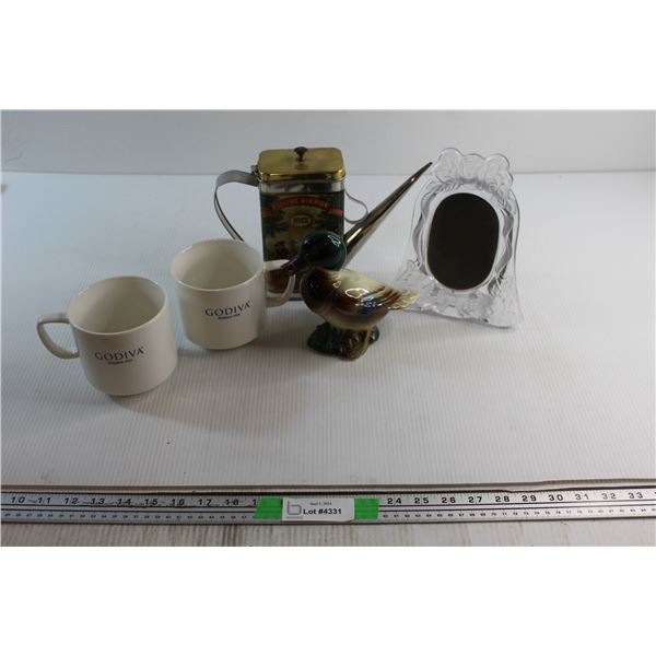 (2) Godiva Mugs, Glass Picture Frame 5'' x 3 1.5'' and Assorted Items