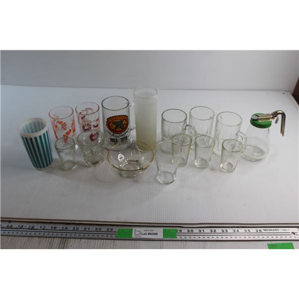 (16) Assorted Glasses, Mugs, Shots, Pitcher and Bowl