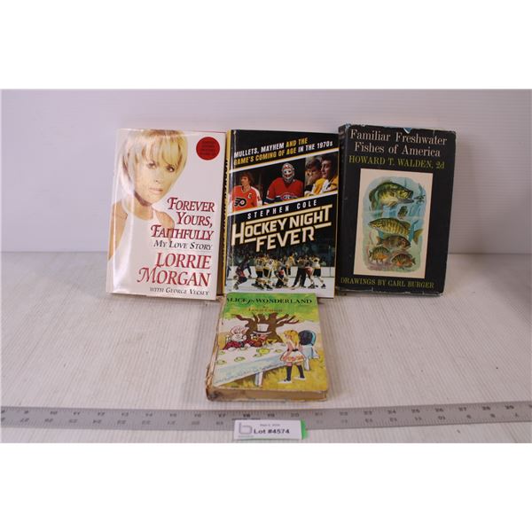 (4) Books - Hockey Night Fever, Familiar Freshwater Fishes of America, Alice in Wonderland