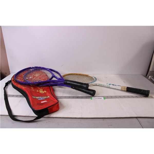 (2) Kid's Spiderman Tennis Rackets in Bag and Vintage Slazenger Tennis Racket