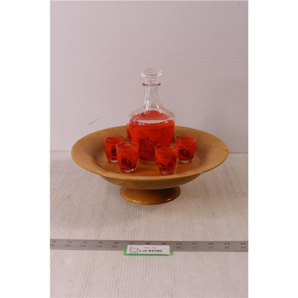 Asian Themed Decanter and Glass Set on Myrtlewood Stand