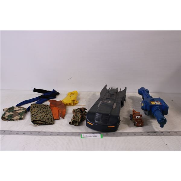 Batmobile Toy (Missing Wheel) - GI Joe Clothes -Ghostbusters Proton Gun (Trigger Broken)