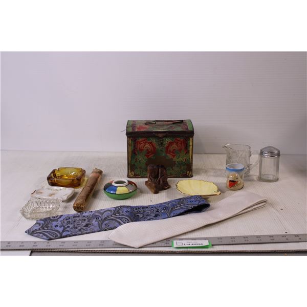 (3) Ashtrays - Hemp Smoke - Tin - (2) Ties - (4) Decorative Items, Misc.