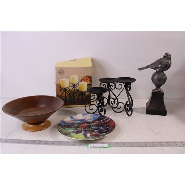 Set of Candle Holders, Wooden Bowl, Bird Ornament, Decorative Tractor Plate (Repaired)
