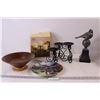 Image 1 : Set of Candle Holders, Wooden Bowl, Bird Ornament, Decorative Tractor Plate (Repaired)