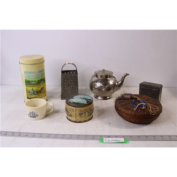 Vintage Tea Pot, (3) Tins - Old Spice Shave Mug - Misc.