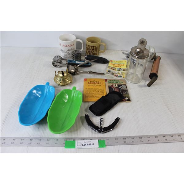Corkscrew, Swiss Army Knife Corkscrew, (2) Mugs, Assorted Kitchen Items