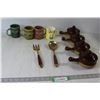 Image 1 : Big Fork and Spoon, (3) Glazed Ceramic Mugs, Ceramic Bunny Mug, (4) French Onion Soup Bowls, Pink Sk